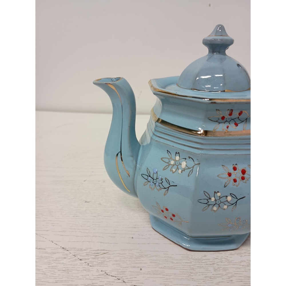 Antique Edwardian Age Price Brothers Redware Teapot Light Blue Gold England - Picture 2 of 13